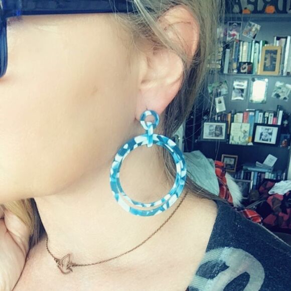 Tortoise Blue Acrylic Double Hoop Earrings - Picture 7 of 7